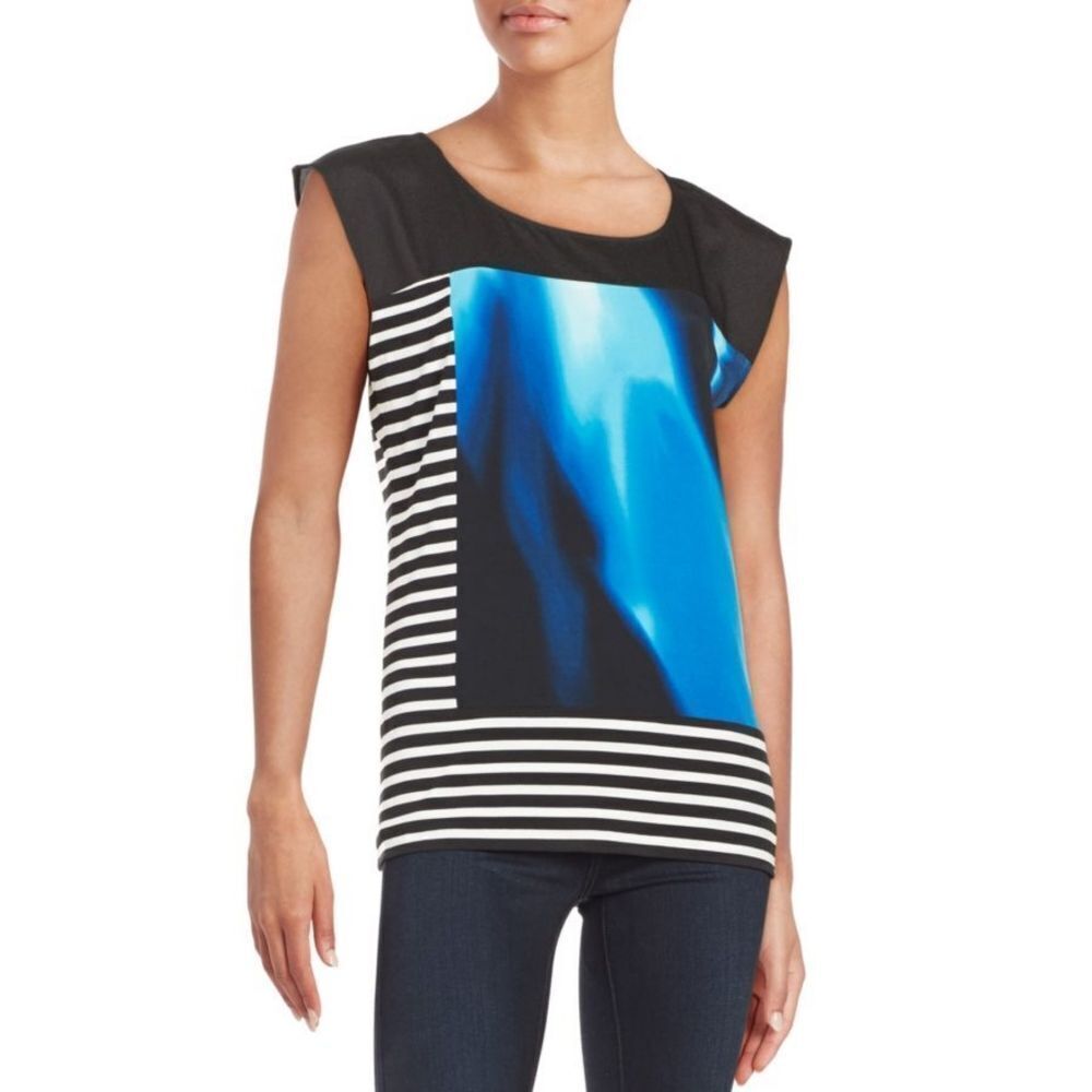 New! CALVIN KLEIN Women's Mixed Print Striped Sleeveless Top Blouse Size Medium